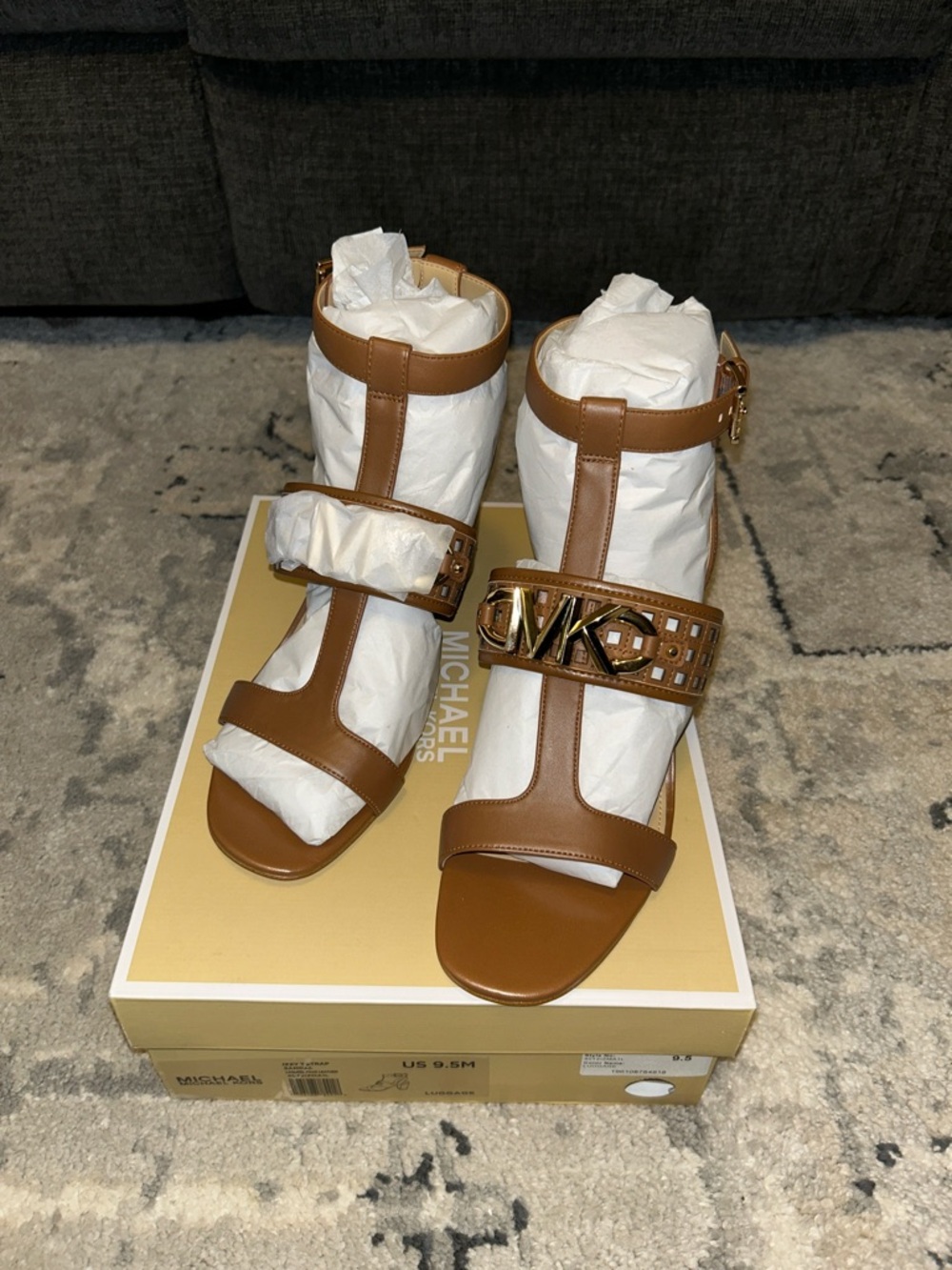 Michael Kors Izzy Cognac Leather T-Strap Heeled Sandals with MK Logo